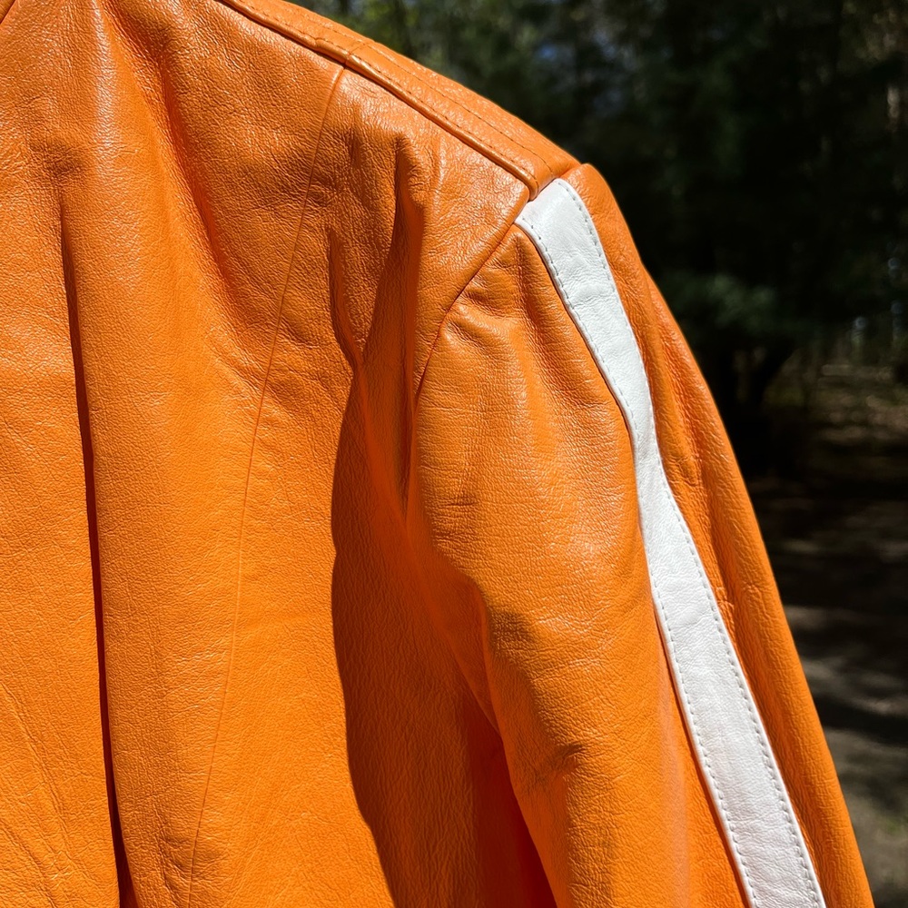 Y2K Metro Style Neon Orange Racing 100% Genuine Leather Jacket Women’s Size L - Picture 13 of 16